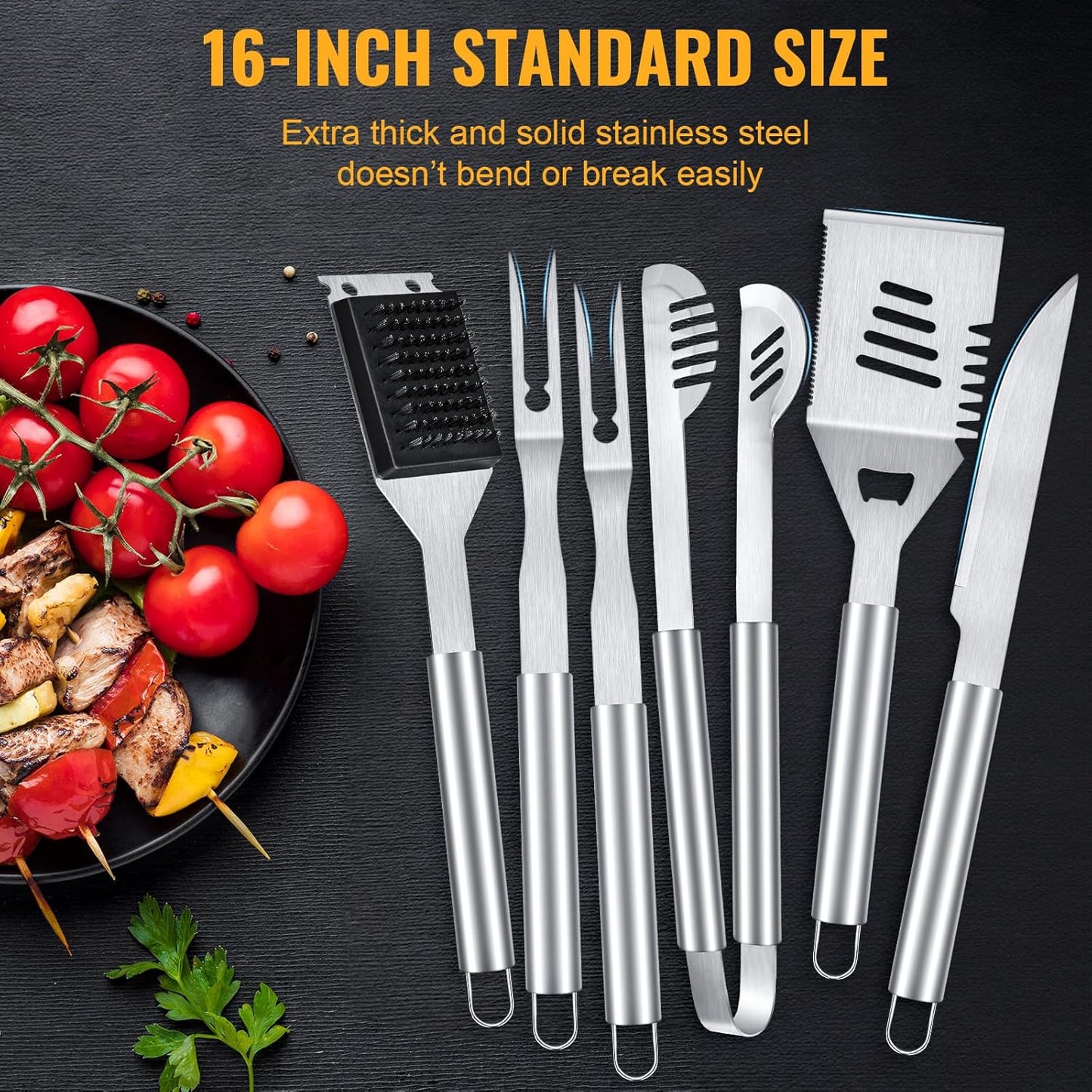 BBQ Grilling Accessories, 16-Inch Stainless Steel BBQ Grill Tools Set for Men, Heavy Duty Grilling Accessories Kit for Camping, Kitchen, Extra Thick Barbecue Utensil