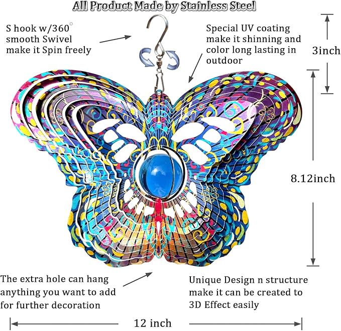 FONMY Mandala Wind Spinner w/Crystal Ball-Butterfly 3D Stainless Steel Hanging Spinners Worth Gift Christmas Decoration Indoor/Outdoor Garden Décor Kinetic Yard Art 12 Inches Wind Sculpture