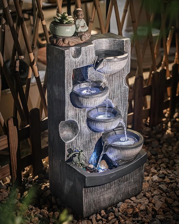 23.43" H Outdoor Water Fountain, 5 Tiers Bowls Garden Water Fountains with LED Light, Modern Natural Waterfall Fountain for Garden, Patio, Yard and Home Art Decor