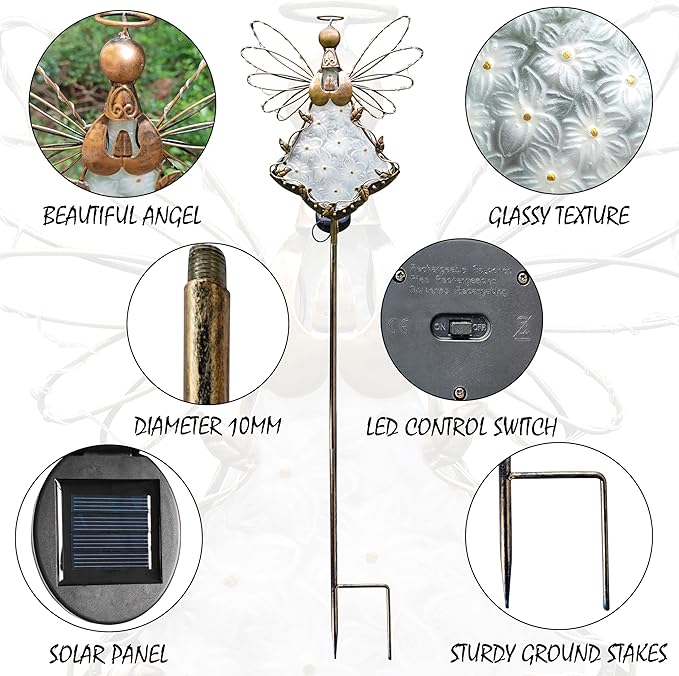 Angel Solar Lights Garden Stake Outdoor-38Inch Metal&Glass Solar Angel Stake Grave Decorations for Cemetery-Perfect as Angel Remembrance Gifts & Sympathy Gifts Decorations（Bronze）