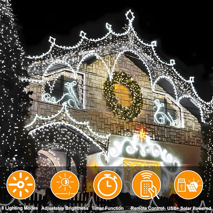 300 LED Solar Rope Lights Outdoor 99 FT Bright Solar Garden String Lights Durable 8 Modes Outdoor Fairy Lights Waterproof Solar Garden Decorative Lights for Fence Patio Decor (White)
