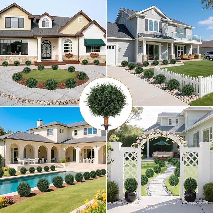 Artificial Cedar Topiary Ball Trees with Ground Spike Set of 2, 24.6 inch UV-Resistant Faux Shrubs for Indoor/Outdoor Decor – Fake Cypress Perfect for Garden, Porch, and Patio