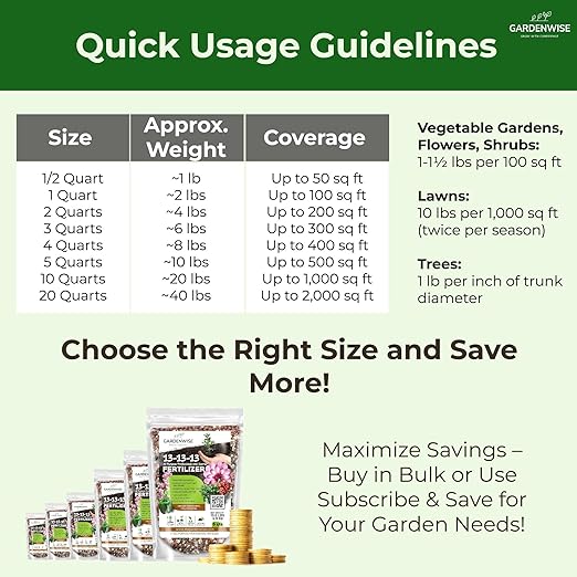 13-13-13 Slow Release Granular Fertilizer – All Purpose Plant Food 13 13 13 for Outdoor Grass, Vegetables, Roses, Flowers, Shrubs, Trees. Lawns, Gardens, Potted Plants (1/2 Quart)