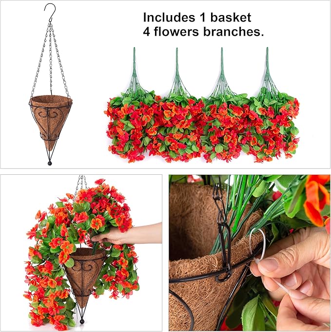 Artificial Hanging Flowers in 12 inch Basket, Fake Fall Plant Silk Orchid Flower Arrangement with Hanging Basket Daisy Planter for Patio Garden Porch Deck Summer Autumn Yard Decoration(Red Orange)