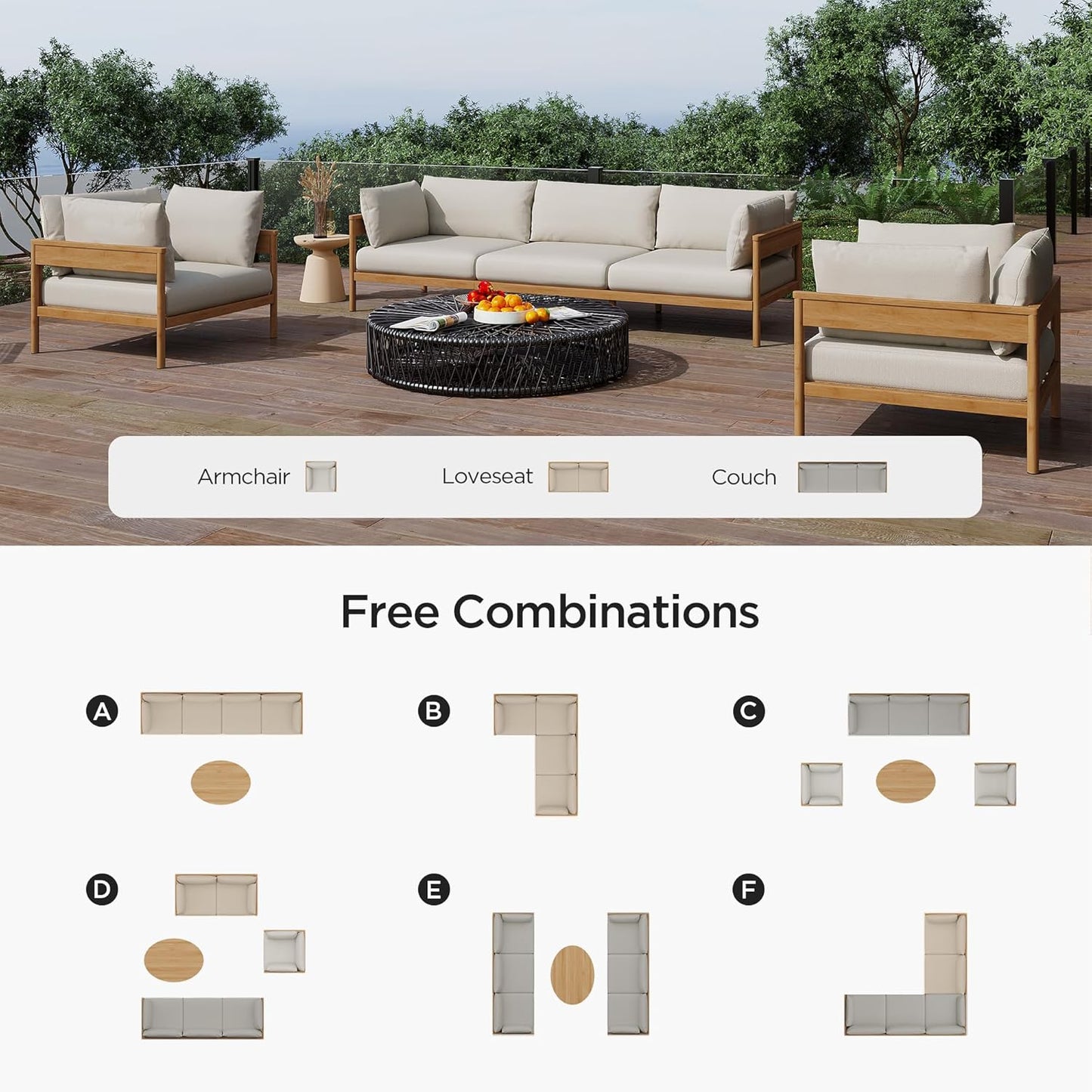 Acanva Modern Outdoor Patio Furniture Set, All-Weather Aluminium Conversation Sectional Sofa with Thick Cushions for Backyard, Garden, Porch, Couch, Beige