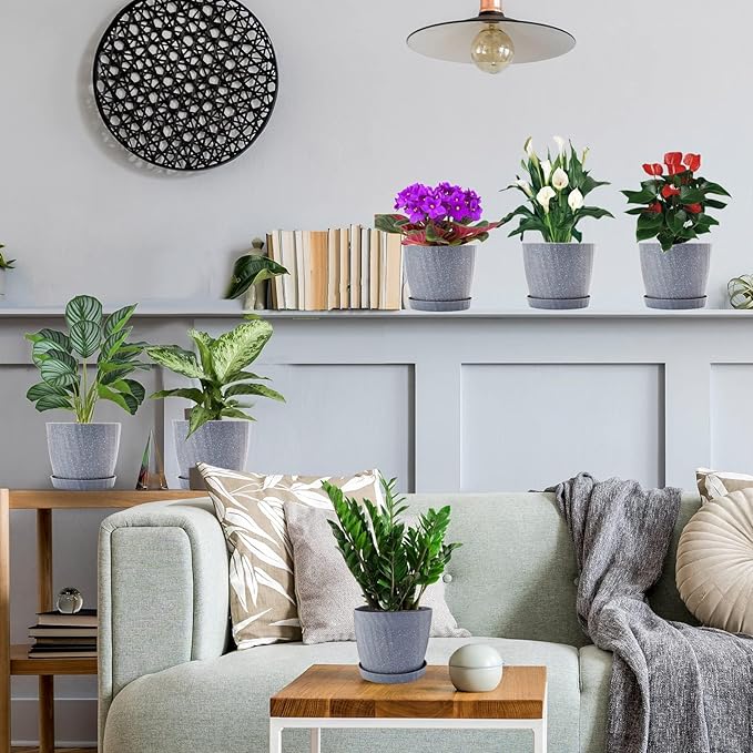 7 Inch Plant Pots Bulk, 6 Pack Plastic Planters with Drainage Holes and Saucers for Indoor Outdoor House Plants and Flowers, Grey