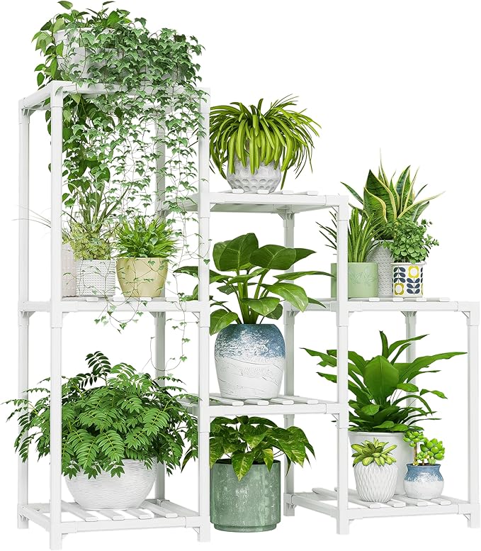 Bamworld Indoor Plant Stand Outdoor White Shelf Bamboo Plant Table for Multiple Plants 3 Tiers 7 Pots Ladder Holder Pot Window Garden Balcony Living Room