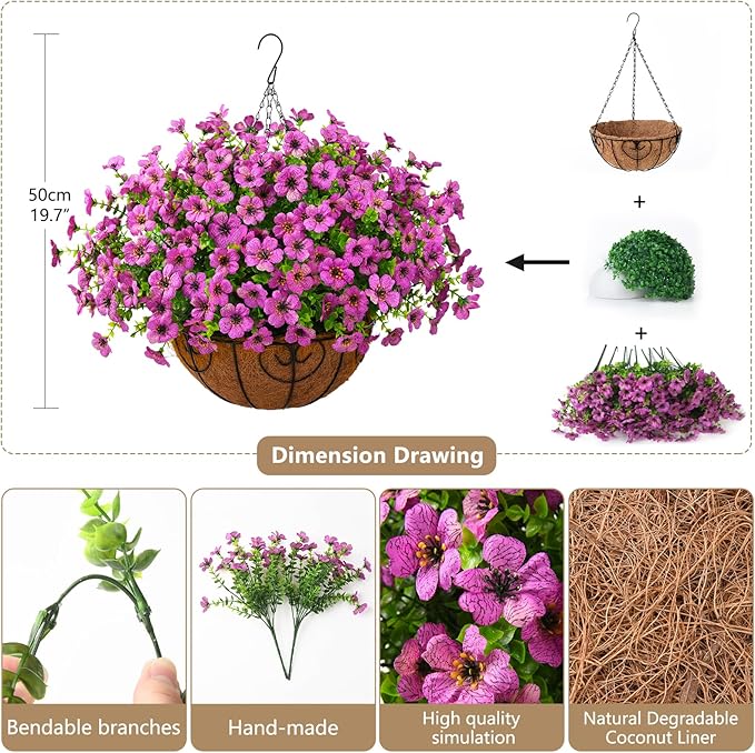 Artificial Faux Hanging Plants Flowers Basket Outdoor Porch Garden Spring Decoration, Fake Silk Daisy in Planter Realistic UV Resistant for Outside Home Patio Balcony Yard(Purple)