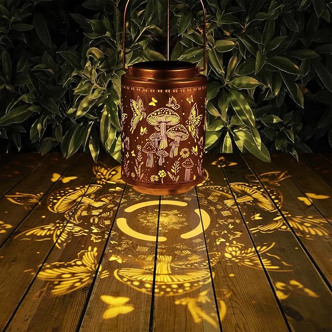 2 Pack Solar Lanterns Outdoor Waterproof Butterfly Garden Decor Gifts for Women Mon Grandma Metal Hanging Solar Lights Decoration for Outside LED Lanterns for Yard Patio Lawn(Mushroom)