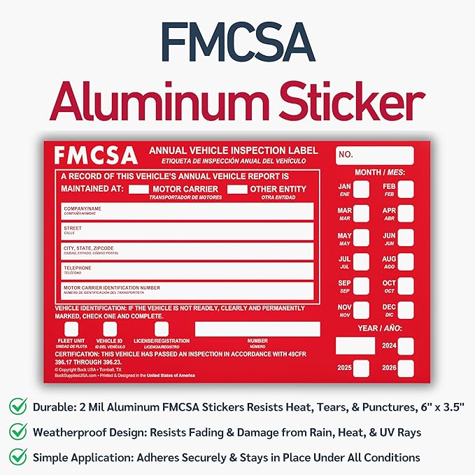 25 Pack Buck 3-Ply Carbonless Annual Vehicle Inspection Report Forms with Red Aluminum FMCSA Adhesive Labels with Punch Boxes, FMCSA & DOT Compliant, Shrinkwrapped Bundle, 8.5" x 11.8" - Made in USA