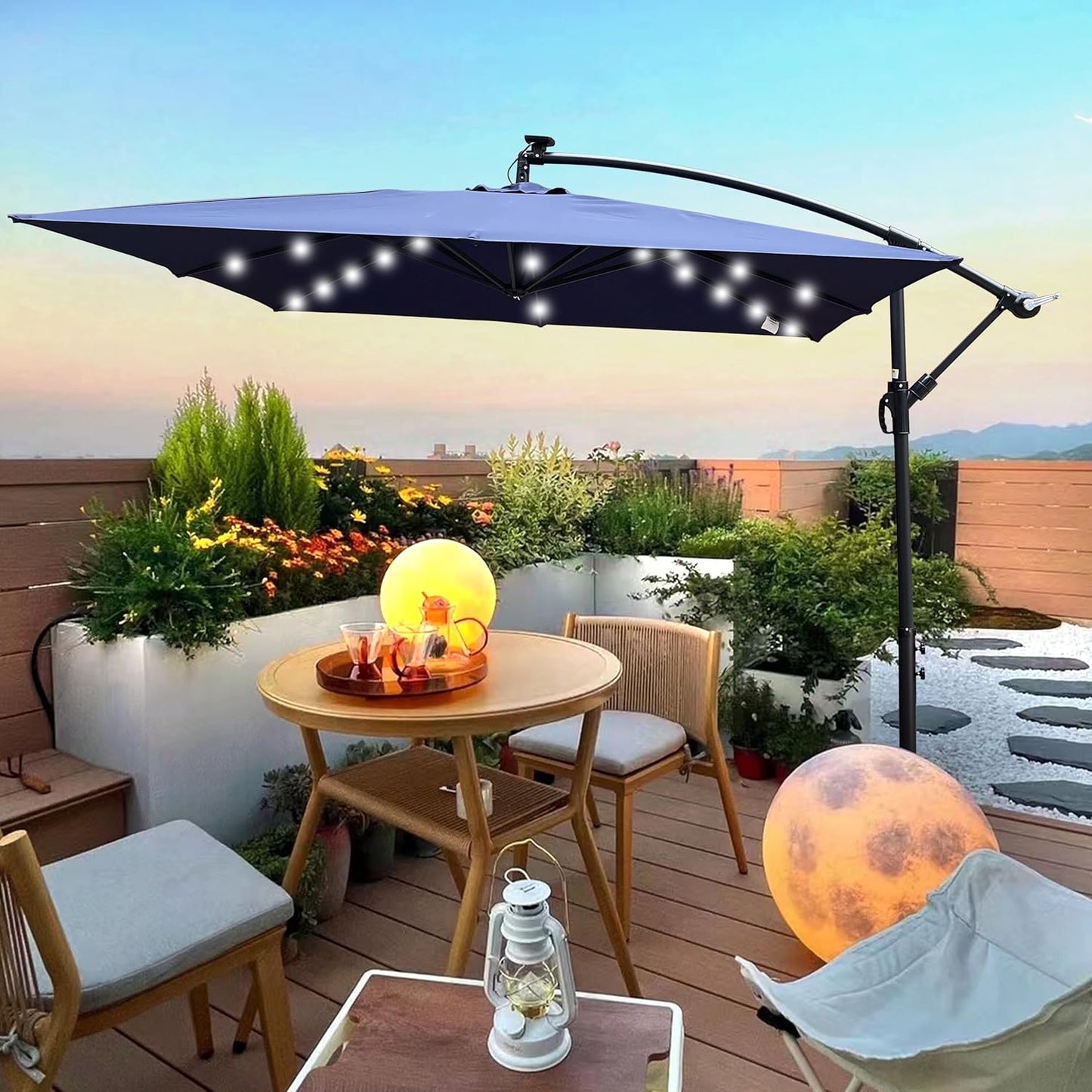 8x8FT Patio Umbrella, Outdoor Offset Umbrella with Cross Base and Crank, Square Cantilever Umbrella with Solar Lights, Hanging Market Umbrella with 8 Rids for Pool, Deck, Backyard (Navy Blue)