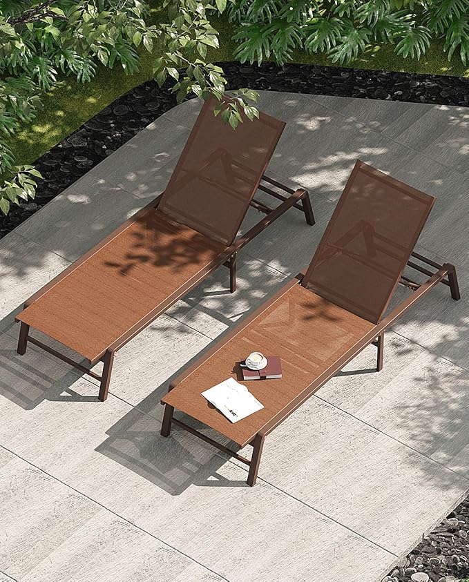 Aluminum Chaise Lounge Chair Outdoor, Foldable Patio Lounge Chair 2 Sets Assemble-Free, Pool Lounge Chairs with 5 Adjustable Backrest, Outdoor Lounge Chairs for Outside Poolside Beach Lawn Brown