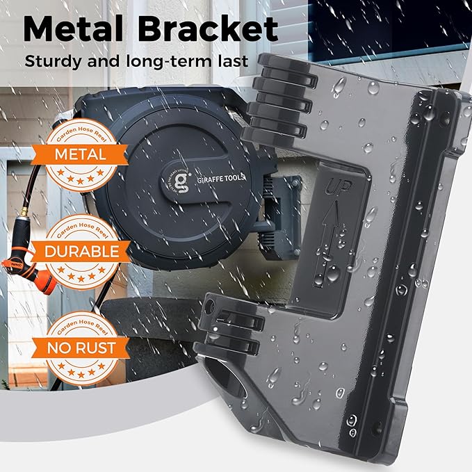 Giraffe Tools Metal Retractable Hose Reel 130 FT Wall Mounted Heavy Duty Hose Reel with 9 Pattern Nozzle 180 Deg Swivel, Metal Bracket Any Length Lock (1/2 130FT PRO, Dark Grey)
