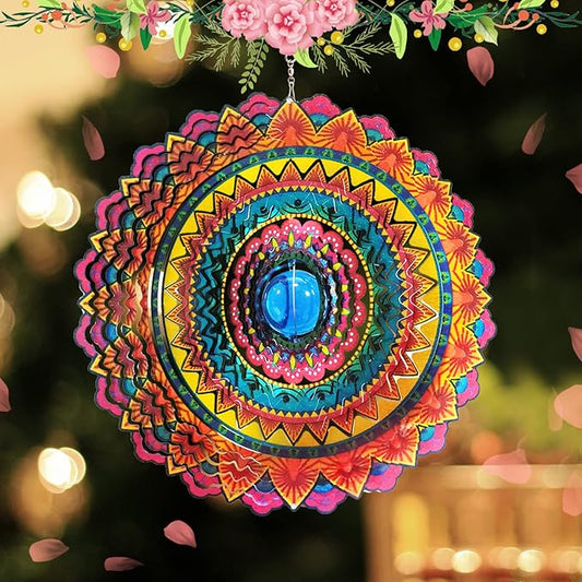 FONMY Wind Spinner 3D Stainless Steel Christmas Decoration Room Decor Indoor/Outdoor Garden Decoration Hanging Ornaments Kinetic Yard Art Decorations 12 inches Multi Red Mandala Wind Spinners