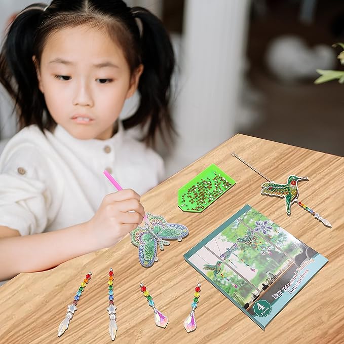 Bingcute Diamond Art Painting Suncatchers, 4 pcs Sun Catchers Diamond Art Painting Kits for Kids DIY Crafts for Adults Hummingbird Prism Crystal Suncatchers Wind Chime Windows Garden Decorations