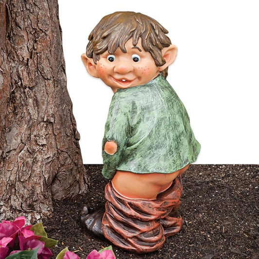 Bits and Pieces - Caught with His Pants Down Garden Statue - Naughty Gnome Yard Art, Funny Elf - Polyresin Statue Measures 13-1/2" High x 5" Wide