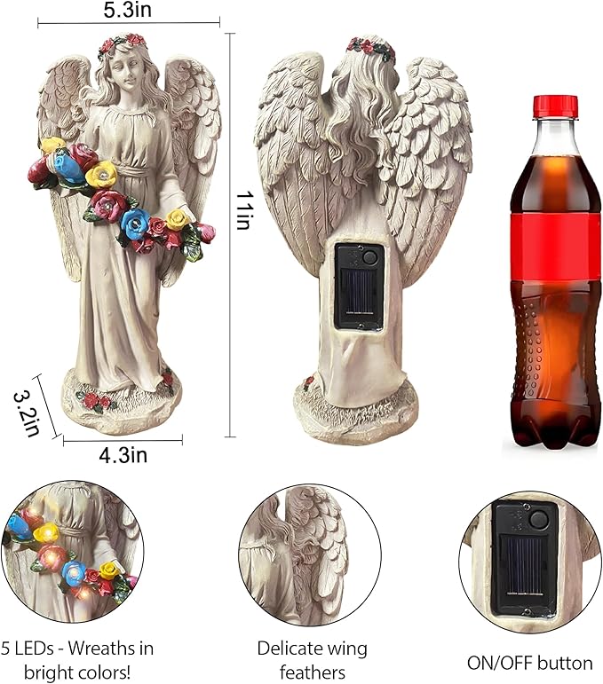 Angel Statues for Garden, Solar Angels for Outside, Angels Sculpture Holding Wreath for Outdoor Patio Lawn Balcony Ornament Gifts for Women/Mom/Grandma