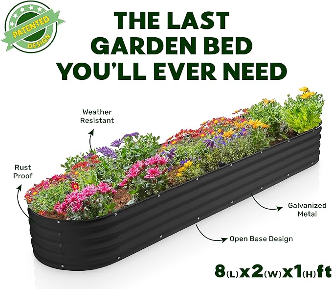Galvanized Raised Garden Beds Outdoor // 8×2×1 ft Planter Raised Beds for Gardening, Vegetables, Flowers // Large Metal Garden Box (Black) // Patented Tool-Free Design