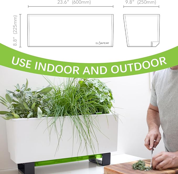 Glowpear Self-Watering Mini Bench Planter - 23.6" in Pot, Free Standing, UV Stable, Scalable, Indoor | Outdoor Pot with Water Gauge, for Home Kitchen Windowsill Gardening