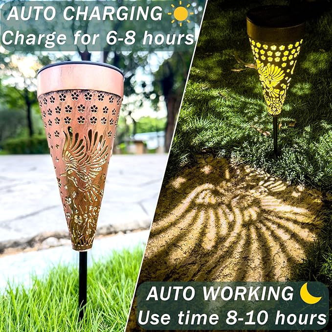 2-Pack Hummingbird Outdoor Solar Pathway Lights, Metal Garden Path Decorations, Waterproof Landscape Lighting for Yard, Lawn, Walkway – Gifts for Women, Mom, Grandma