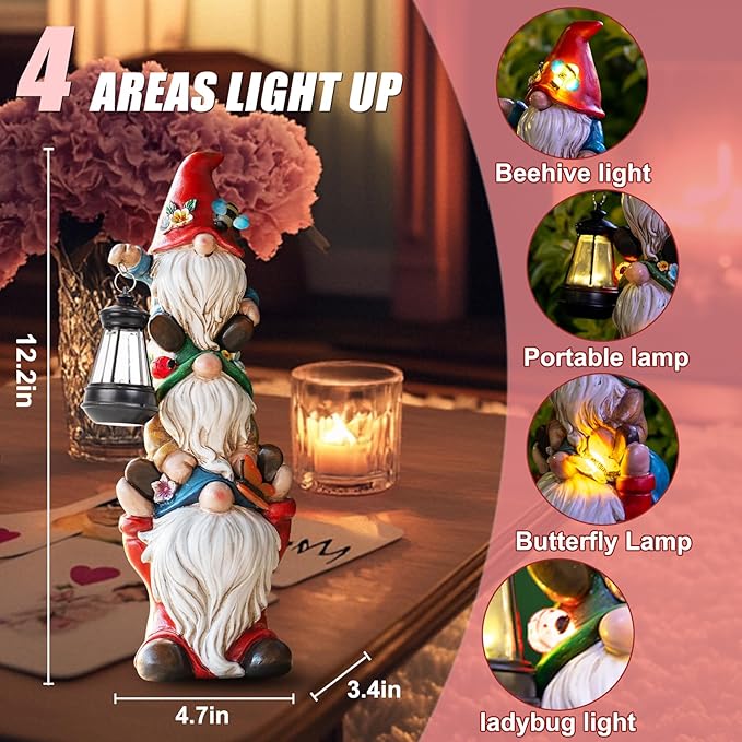 Garden Gnome Statue with Solar Lights Large Garden Sculptures Funny Triple Gnome Outdoor Patio Lawn Yard Balcony Garden Home Decor Gifts for Women Mom 12 in Spring Summer Gnomes Outdoor