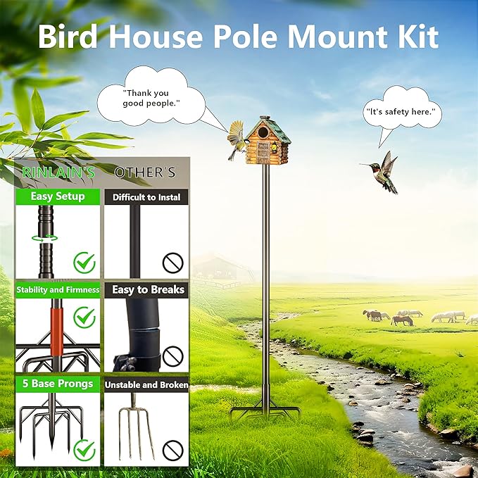 Bird Feeder Pole Kit 110 Inch,Bird House Pole for Outdoors Heavy Duty,5 Base Prongs Adjustable Birds Feeder Stand for House