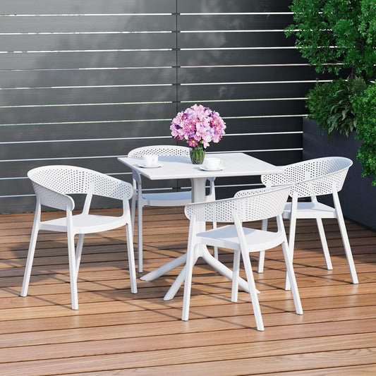 5-Piece Outdoor Dining Set, HDPE Patio Square Bistro Table and Stackable Chairs Sets for 4, Outdoor Furniture All Weather for Backyard Poolside, White
