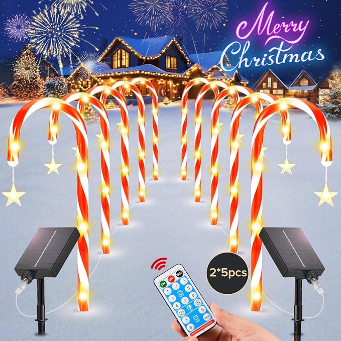 19.3in Christmas Solar Candy Cane Lights, 10 Pcs Pathway Light with Star 8 Flashing Modes, Outdoor Christmas Decorations for Outside Path, Walkway, Driveway, Sidewalk, Porch, Yard, Garden