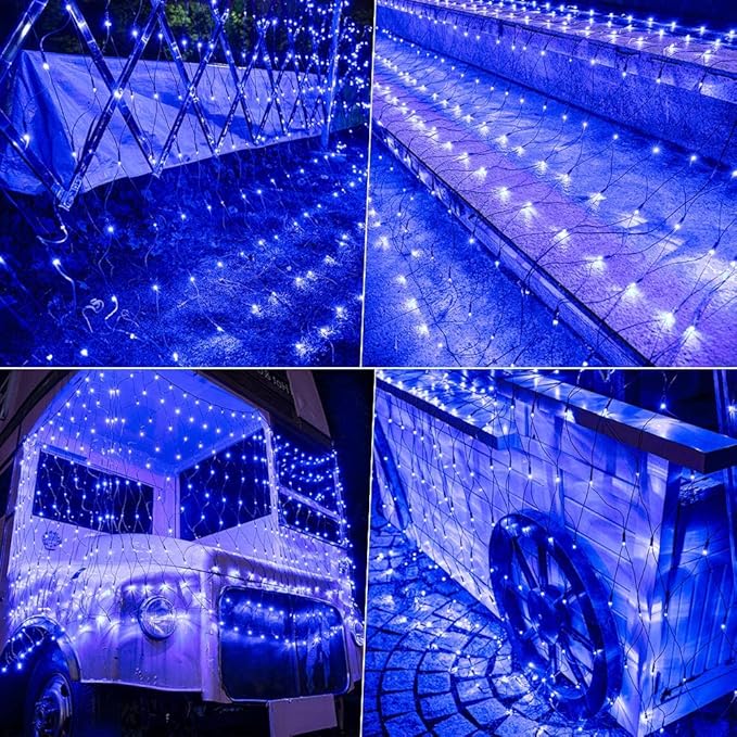 Lomotech 12ft x 5ft 360 LED Christmas Net Lights, 8 Modes Waterproof With Timer Low Voltage Connectable Mesh Lights for Trees, Bushes, Shurb, Garden, Outdoor Decoration(Green Wire, Blue)