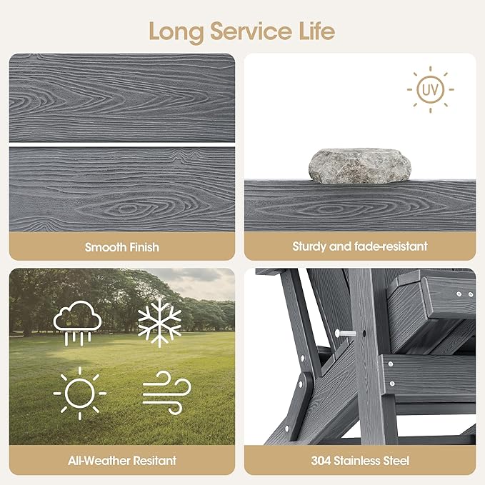 Adjustable Backrest Folding Adirondack Chair with Ottoman & 2 Cup Holders, HIPS Weather Resistant Adirondack Chair, Outdoor Fire Pit Chair for Beach, Pool, Deck, Porch, Yard, Lawn, Grey