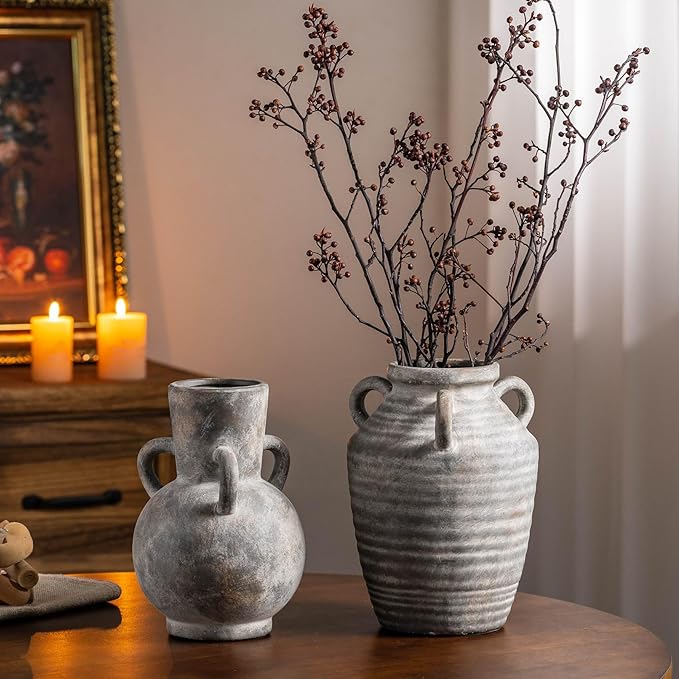 Grey Terracotta Ceramic Vase with Handles, Vintage Rustic Pottery Vases for Table Centerpiece, Cottage Core Home Decor, Large Flower Vases for Bouquet Entryway Mantel Bookshelf Living Room 8.9 Inch