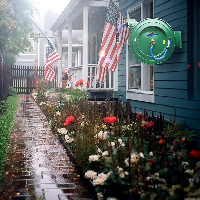 Auto Retractable Water Hose Reel with Hot & Cold Water Rubber Garden Hose, Spray Nozzle - Ultra Light, Super Strong with 6' Lead-in Hose (3/4” x 50’ Green)