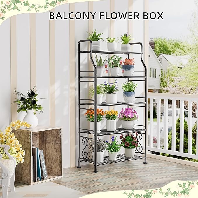 GIOTORENT Plant Stand Outdoor Indoor 5 Tier Metal Waterproof - 53.2" Plant Shelf for Patio, Balcony, Living Room, Large Capacity Tiered Plant Rack, Black