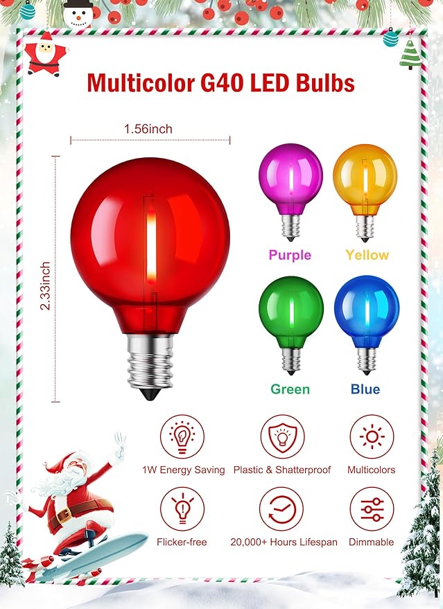 Brightown 50 Pack Multicolor G40 LED Christmas Replacement Light Bulbs, UL Listed, 1 Watt E12/C7 Candelabra Base Plastic Shatterproof LED Globe Edison Bulbs, Easily Screw in Strings Spools Strands