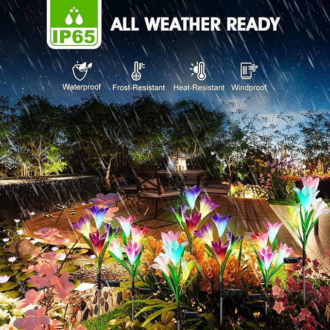 6 Pack Solar Garden Lights Outdoor, 7 Color Changing LED Waterproof Solar Powered Lily Flowers Landscape Lights for Outside Yard, Patio, Pathway Decorative, Décor