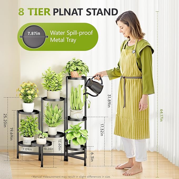 8 Tier Metal Plant Stand Indoor, Rotatable Corner Plant Shelf Outdoor, Tiered Flower Pot Display Stand, Multiple Plants Holder for Patio Living Room Balcony Garden Home Decor - Black