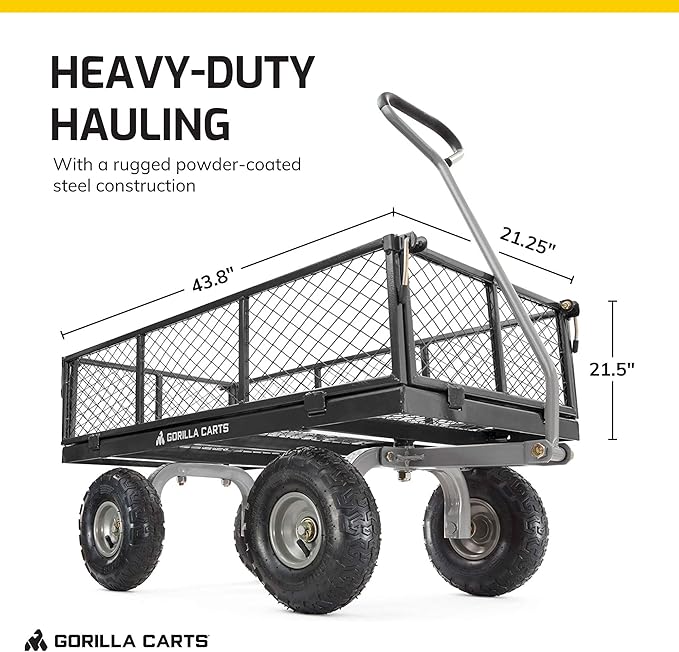 Gorilla Carts Steel Utility Cart, 4 Cu Ft Bed, 800 lb Load Capacity, Black – Heavy-Duty Outdoor Hauling Wagon with Removable Side Panels for Yard, Lawn, Garden or Landscaping