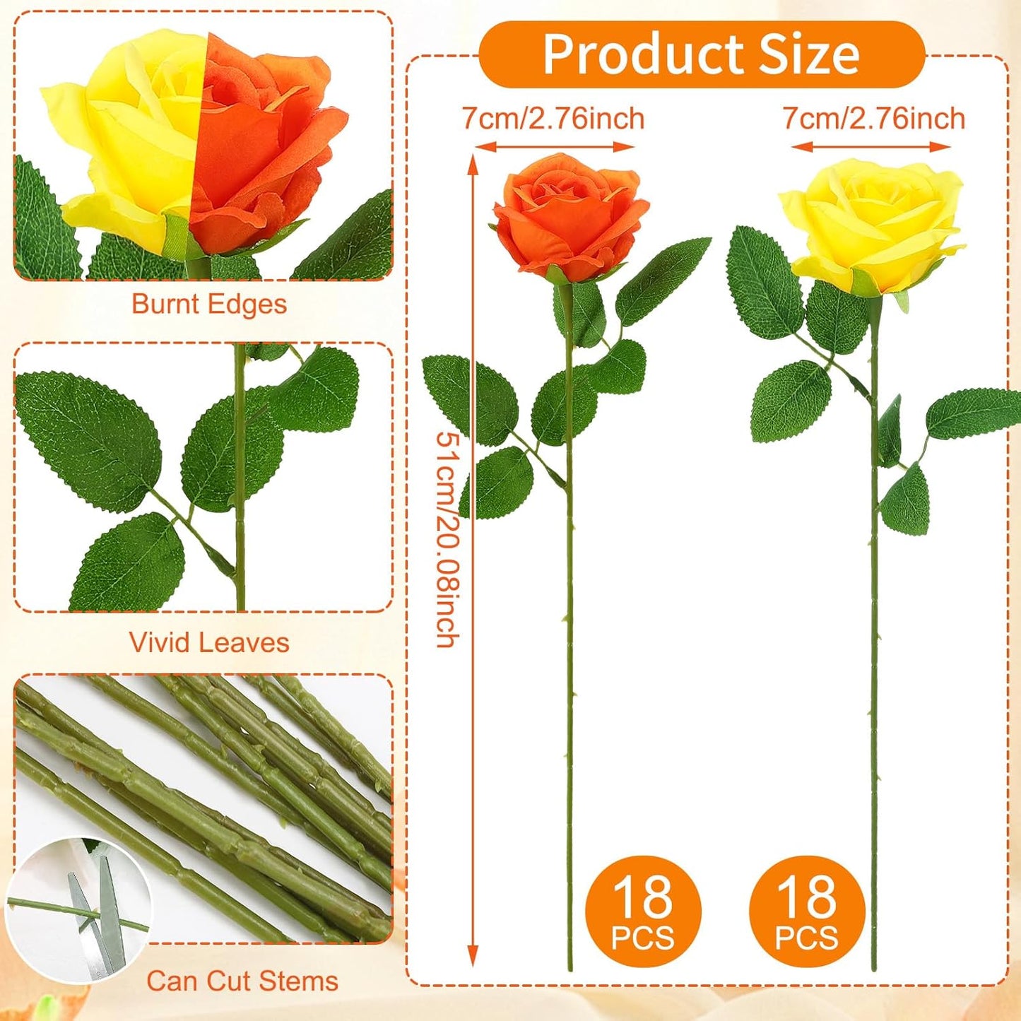 36 Pcs Yellow, Orange Artificial Roses with Long Stems, Purple Fake Silk Rose Artificial Flowers Bulk for Bridal Wedding Bouquet Centerpiece Ball Arrangement Party Decor