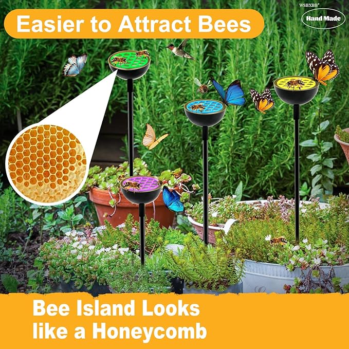 4 Pack Bee Cups for Garden with Bee Island, Bee Waterer and Butterfly Water Stations, Bee Water Catcher Cups for Thirsty Pollinators, Bee Bath, Colorful Metal Garden Sculpture Stakes Decor