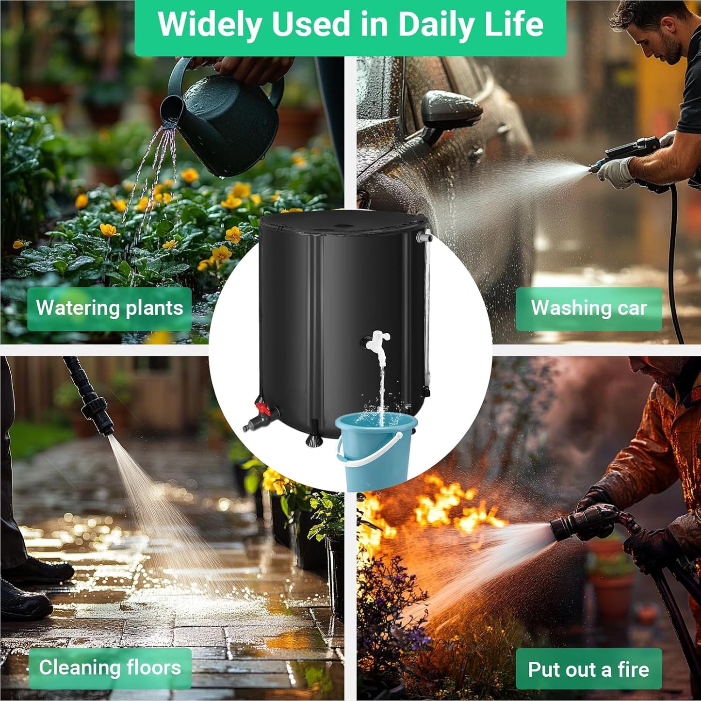 50 Gallon / 200L Rain Barrel, Collapsible Rain Barrels to Collect Rainwater from Gutter with Spigots and Overflow, 500D PVC Portable Rain Water Collection Catching System, Water Catcher Tank