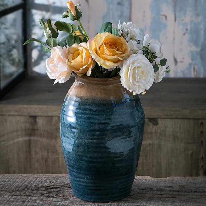 Blue Floor Vase, Ceramic Glazed Large Vase for Modern Farmhouse Home Decor, Rustic Terracotta Pottery, Vintage Clay Vase for Living Room Entryway Centerpiece