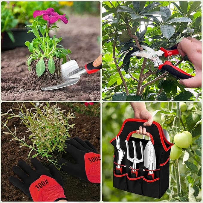 Gardening Tool Set, 8 Pieces Aluminum Heavy Duty Gardening Kit with Ergonomic Handles, Gardening Bag, Ideal Gardening Tool Set - Gifts for Men and Women