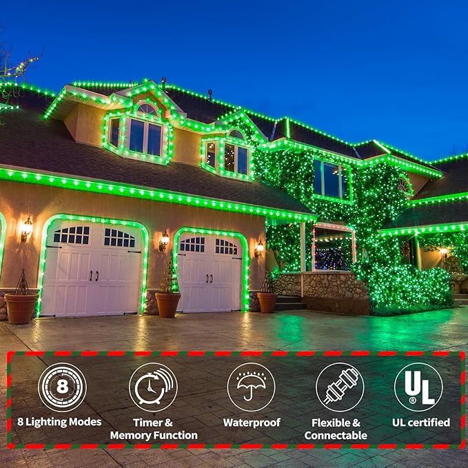 50ft LED Rope Lights Outdoor, 360 LED Connectable and Flexible Tube Lights with 8 Modes, Waterproof LED Rope Lighting for Garden, Patio, Pool, Bedroom, Party, Indoor Outdoor Christmas Decor (Green)