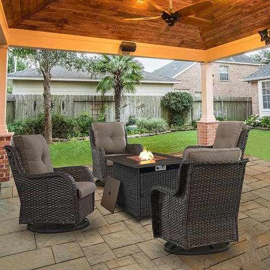 5 Pieces Patio Wicker Furniture Set - 4 Outdoor Swivel Rocker Glider Chairs with Propane Fire Pit Table, Warm Patio Conversation Set Grey Cushion Perfect for Casual Gathering