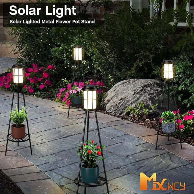 2 Pack Solar Lights Outdoor with Plant Stands, Solar Floor Lamp, Solar Powered Street Lights Metal Tripod Deck Lights, Patio Decor for Garden Yard Pathway Driveway Porch