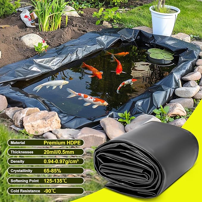 7 x 10 FT Pond Liner, 20 Mil Pond Liners for Outdoor Ponds, HDPE Pond Liner Easy Cutting Puncture Resistant, Pond Liners for Water Garden Fountain Waterfall, Koi Fish Aquaculture Pond