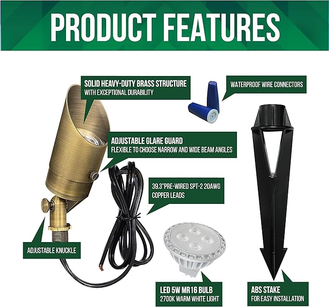 GKOLED Solid Brass Spotlight Low Voltage Landscape Lighting, LED Outdoor Lights for Garden Patio Yard, Directional Up and Down Light with 5W MR16 Bulb, 12V 2700K Warm White, 2 Pack