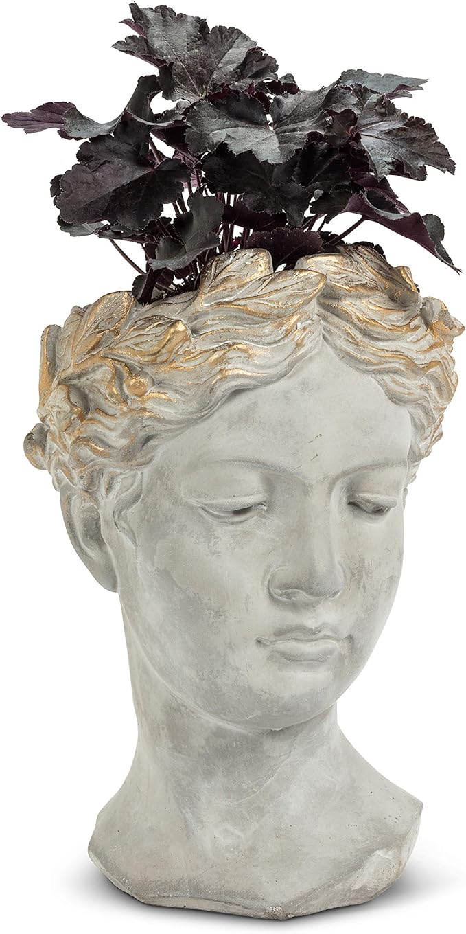 Abbott Collection Aphrodite Head Planter – Large Indoor and Outdoor Planter Pots - Whimsical Woman Statue Head Planter for Flowers and Succulents (10 inch, Grey/Gold)