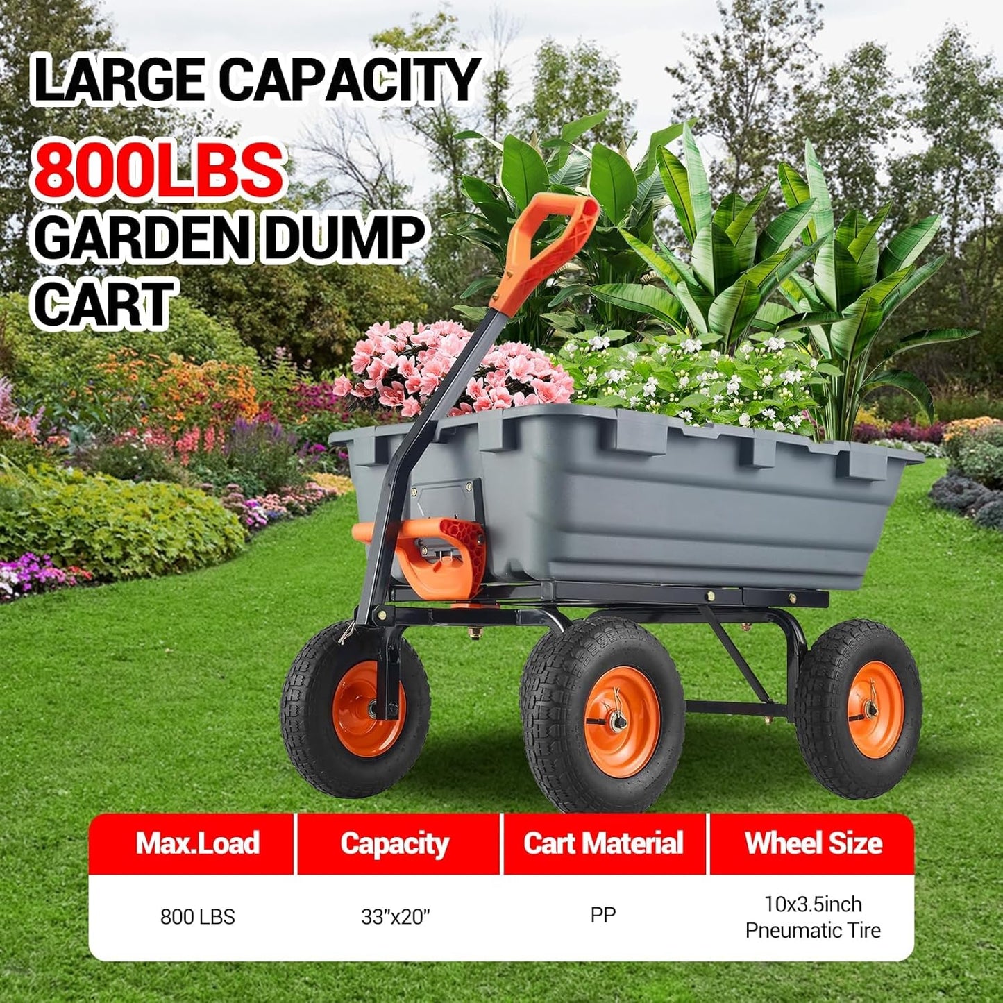 800 lbs Poly Garden Dump Cart, Heavy-Duty Wheelbarrow with 10-Inch Tires, 180° Rotating Handle, Steel Frame and Quick Release System Garden Dump Cart for Soil Plants Gardening Tools Wood