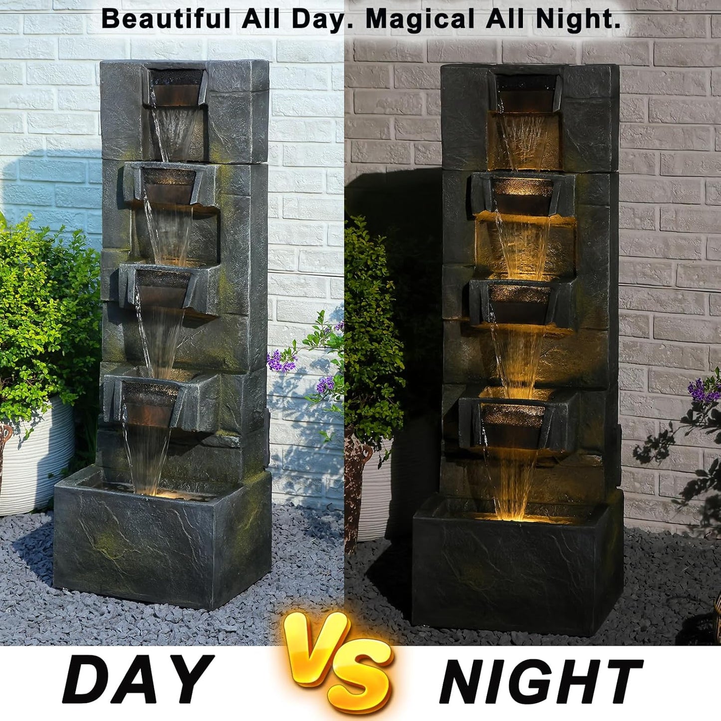 41.1" Garden Water Fountain Outdoor – 5-Tier Modern Cascading Resin Waterfall Fountain with LED Light, Mossy Stone Look, Floor-Standing Outdoor Water Feature for Patio, Yard, Deck, Home Décor
